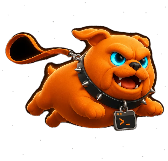 The bulldog mid leap with all four legs off the ground and a loose leash trailing behind it