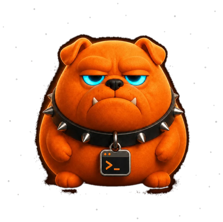 A round orange bulldog with glowing cyan eyes, a spiked collar and a dog tag shaped like a terminal window