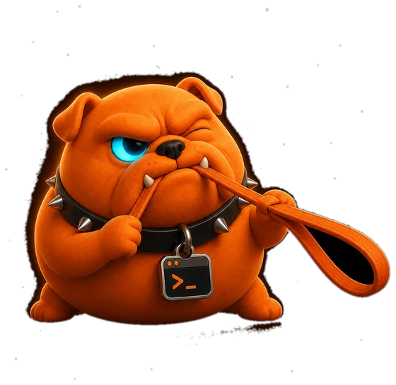 The bulldog gripping the handle of an orange leash in its teeth and leaning back to tug it